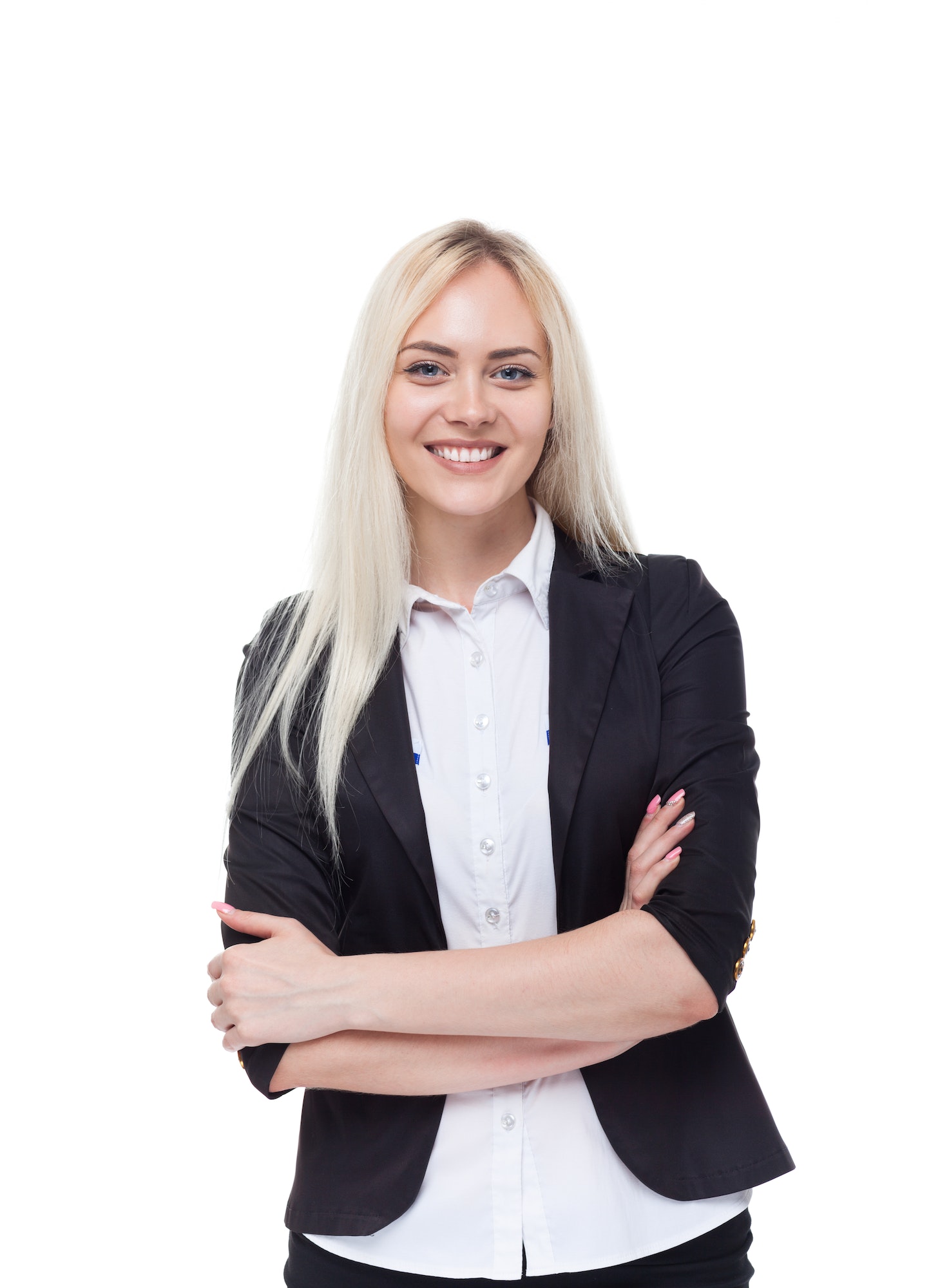 Young blonde businesswoman smile, folded hands, attractive business woman, student girl